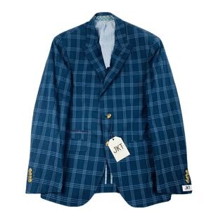JKT New York Blue Windowpane Checked Cotton Seersucker Blazer Size 36R NWT